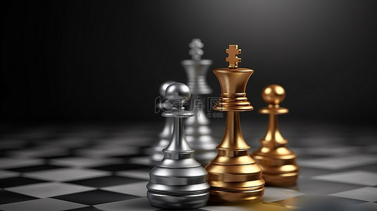 商业理念背景图片_战略规划概念一堵暗墙，上面有金色和银色的棋子，代表国际象棋之王和商业理念 3D 渲染