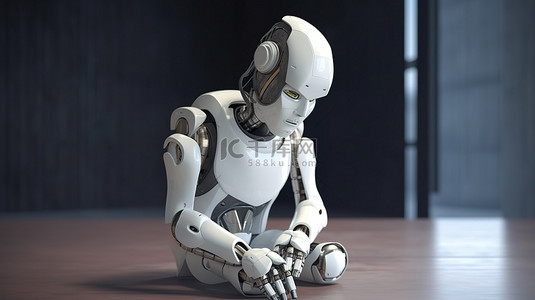 坐在座位上的 android 机器人在思想 3d 渲染中迷失了方向