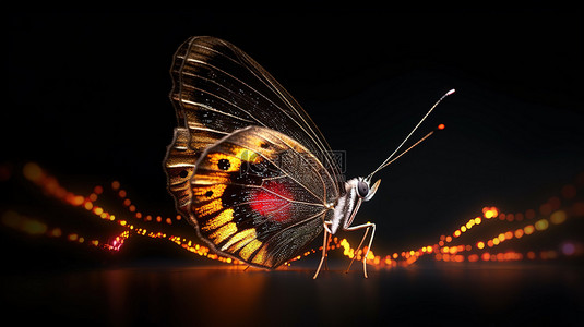 蝴蝶花粉线与蛾在黑色背景 3d 插图上的散景