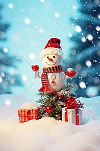 天气背景图片_雪人圣诞树与礼物圣诞节桌面壁纸高清