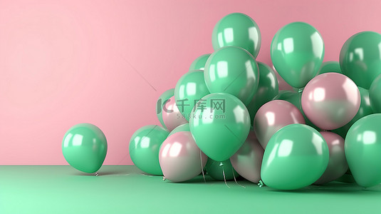 充满活力的粉红色墙壁，带有一簇绿色气球 3D 插图渲染水平横幅