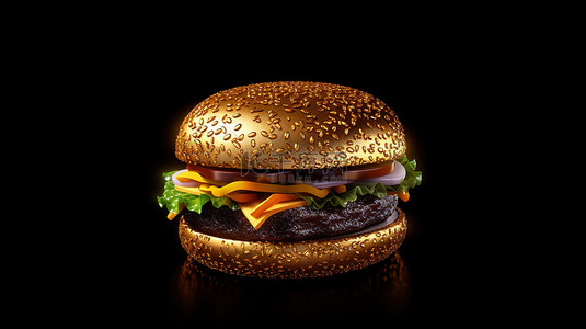 黑色背景下的金色汉堡 3D 渲染和插图
