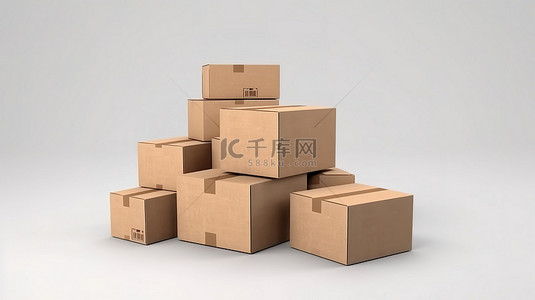 运输包装背景图片_用于交付包裹和货物的白色背景棕色纸箱包装的 3D 插图