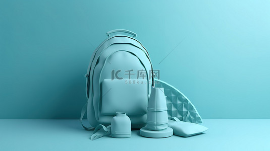 带旅游背包和睡垫的空产品讲台的简约假日概念蓝色背景 3d 渲染