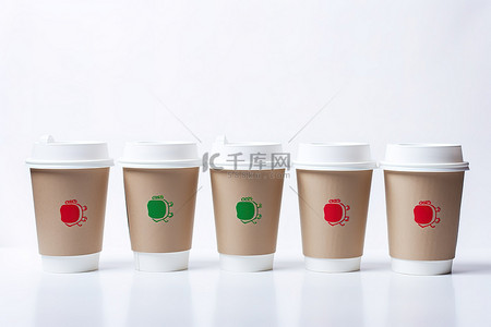 绿色标签背景图片_六个带有绿色标签和红色回收圈的咖啡杯