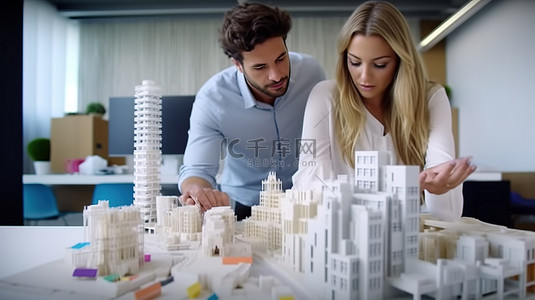 公司架构背景图片_一家创意媒体公司的建筑师在 3D 模型中讨论建筑设计