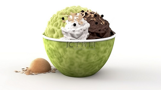 卡通风格 3d 渲染巧克力绿茶浇头和冰淇淋 bingsu 刨冰在白色孤立的背景