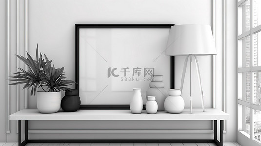 时尚海报背景图片_时尚的白色矩形海报框架增强单色室内房间 3D 渲染
