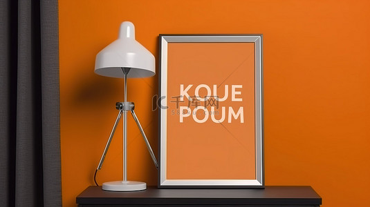 办公背景图片_带橙色墙台灯和模型海报框架的现代室内 3D 渲染
