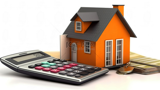 房地产图标背景图片_3D 渲染中的房地产销售房屋图标计算器和钱包