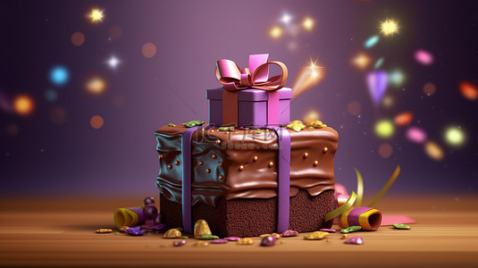 公司贺卡背景图片_3D 巧克力蛋糕和礼品盒，庆祝生日快乐
