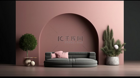 连体坐垫背景图片_美观的生活空间模型别致的粉红色坐垫和深绿色墙壁上的质朴干花3D 渲染