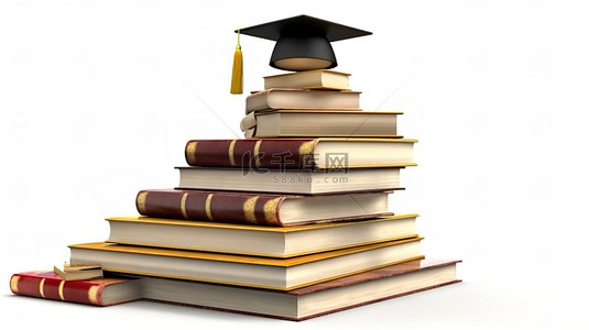 大学毕业背景图片_书籍堆叠为梯子的 3D 渲染，顶部带有白色背景的毕业帽