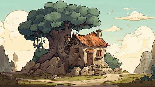 卡通房子大树的房屋的背景