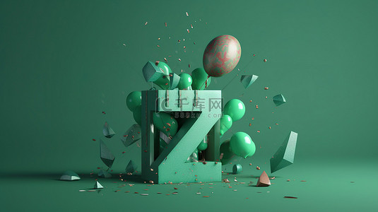 充满活力的 3d 渲染快乐的生日庆祝爆炸性数字 7 惊喜与彩色气球和绿色背景上的五彩纸屑 — 最小设计