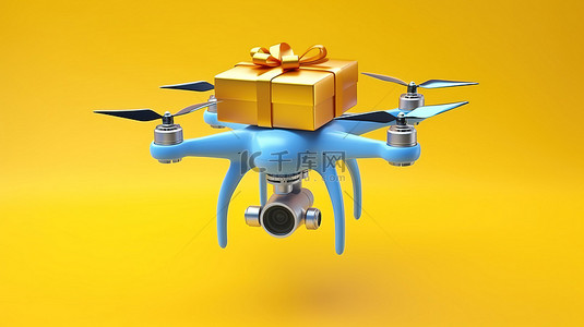 礼品插画背景图片_飞行中配备相机的礼品概念无人机四轴飞行器的 3D 渲染