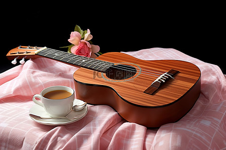 围巾背景图片_尤克里里琴吉他 我想要粉色围巾 一杯茶和一本书放在桌子上
