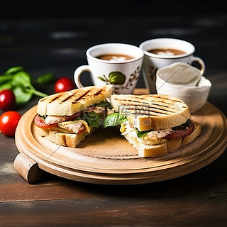 咖啡背景图片_托盘上的烤三明治和一杯咖啡