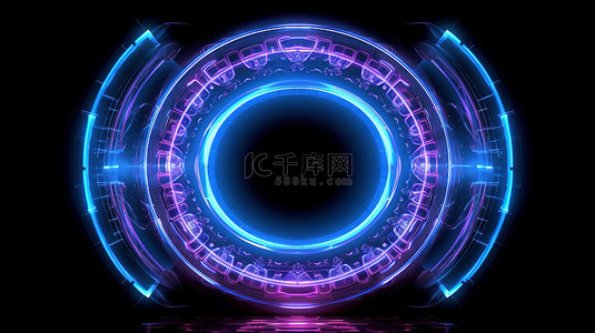 圆框背景图片_3d 渲染中带有圆形分形门户的孤立霓虹灯背景