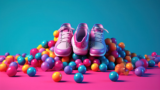 蓝色背景 3D 渲染上的彩色球围绕哑铃跑鞋和粉色毛巾