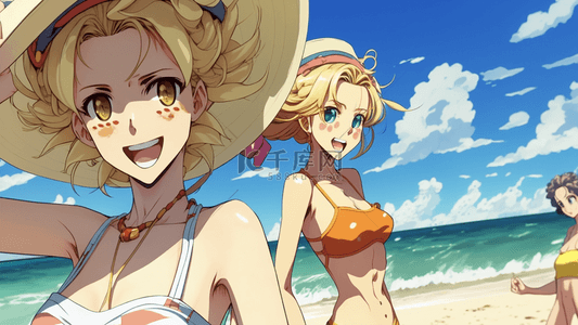 美少女背景图片_美少女沙滩海洋夏天卡通背景