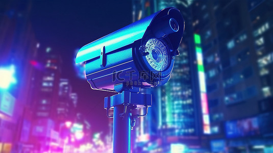 夜间城市在闭路电视安全摄像头的注视下 3D 渲染