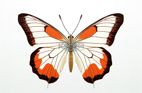 一只橙色和白色的帝王蝶栖息在灰色和白色的背景上