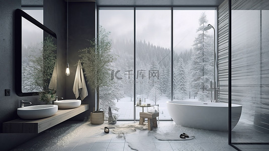 令人惊叹的冬季风景在 3D 渲染浴室中与现代阁楼风格相遇