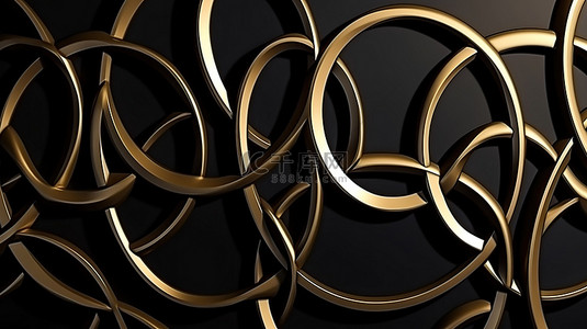 光滑黑墙上的金色圆环波纹 3D 呈现现代设计