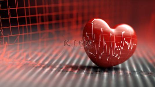 心电图背景上极端特写红心的 3D 渲染