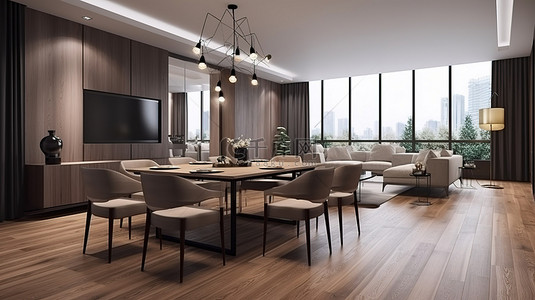 起居室背景图片_现代豪华的起居室和餐厅，采用 3D 渲染木材