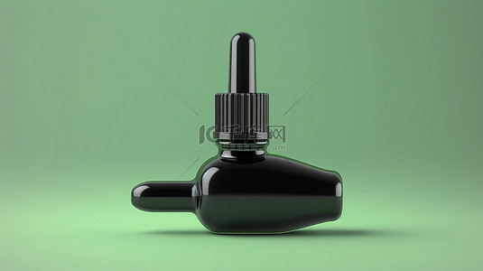 美容绿色背景背景图片_绿色背景的 3D 渲染，带有空白标记的黑色油滴瓶