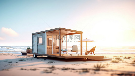 舒适的海滨小房子，配有美丽的木甲板 3D 渲染