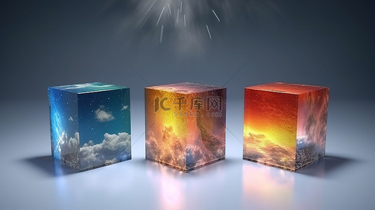 天气现象背景图片_用一组立方体散布在表面上的天气现象的 3D 插图