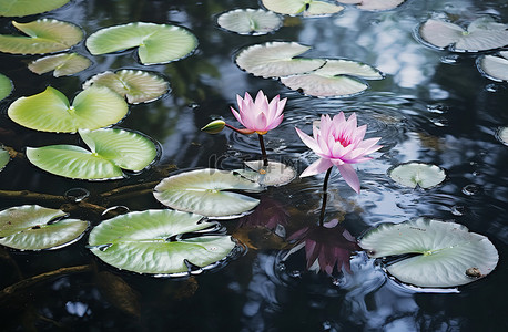 一簇粉红色的绿叶花簇漂浮在水中
