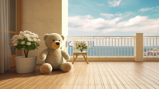 俯瞰海边露台的泰迪熊的 3D 渲染