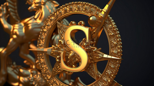 3D 插图展示了金色射手座占星符号的复杂细节