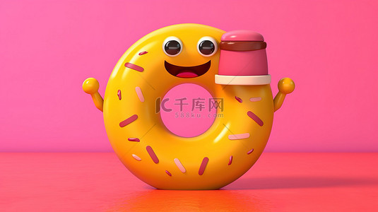 3D 渲染的一个大粉红色釉面甜甜圈的吉祥物，黄色背景上有一个救生员