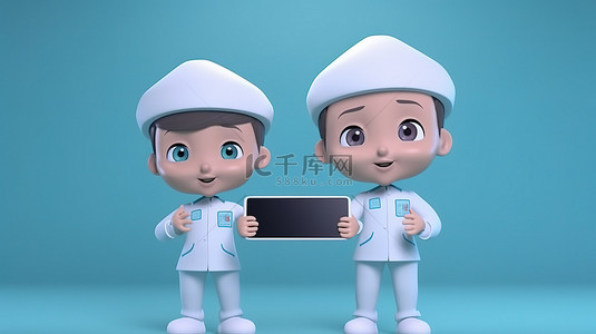 可爱头像背景图片_可爱的卡通医生和护士展示用于编写 3D 渲染的数字平板电脑