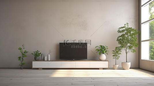 和文化背景图片_电视柜的 3D 渲染，有郁郁葱葱的绿色植物和空白的墙壁