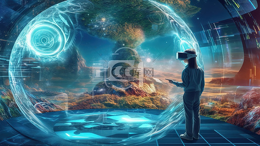 未来派3D元宇宙技术超现实主义和沉浸式体验概念