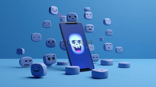 网页科技背景图片_蓝色主题智能手机展示 3D 渲染的 facebook 标志和对社交媒体内容做出反应的表情符号