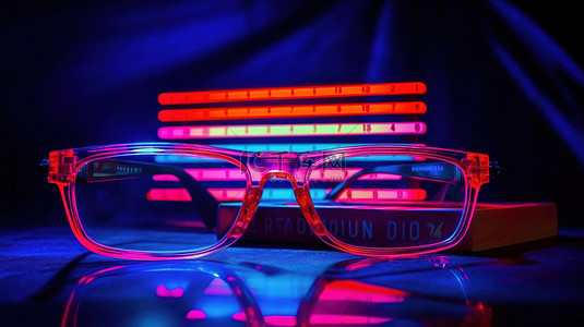 明亮的红色和蓝色霓虹灯照亮电影场记板和 3D 眼镜，带来令人兴奋的娱乐行业体验