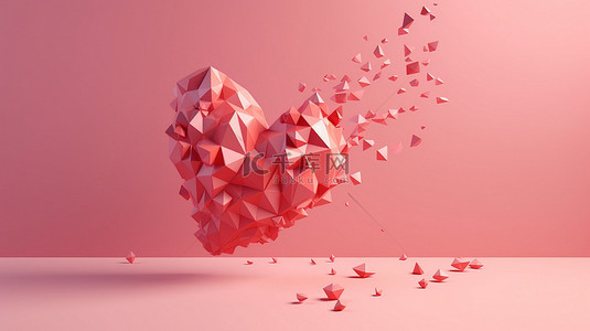 优雅的爱情贺卡背景粉红色的天空与 3d 低聚几何心落在情人节