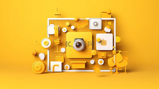 分享模版背景图片_黄色背景社交媒体插图 Instagram 帖子框架和 3D 渲染中的图标