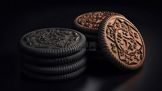 立式黑色饼干的逼真 3D 渲染，带有纹理饰面，隔离