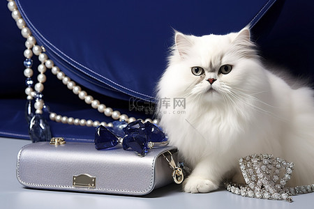 白猫坐在一个装有其他水晶的蓝色钱包旁边