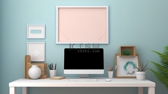 各种光背景图片_家庭办公室 3D 渲染相框和桌面工作区上的各种物品，带有空白电脑屏幕