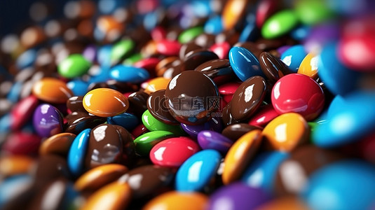 童装背景背景图片_充满活力的糖果层叠在白色背景上，极其特写彩色巧克力按钮 3D 插图