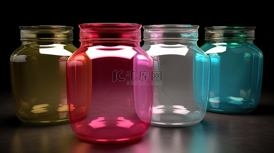 五个带有盖子和形状的多种颜色透明玻璃罐的充满活力的 3D 渲染
